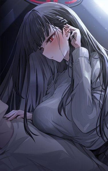 Anime picture 3280x5195 with blue archive rio (blue archive) yuki (asayuki101) long hair tall image blush fringe highres breasts light erotic black hair red eyes large breasts absurdres indoors lying blunt bangs long sleeves parted lips looking down