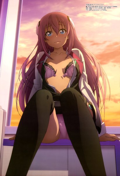 Anime picture 4070x5940 with gakusen toshi asterisk megami magazine julis-alexia van riessfeld nakano ruizu single long hair tall image looking at viewer highres blue eyes light erotic sitting pink hair absurdres sky cloud (clouds) official art girl thighhighs uniform