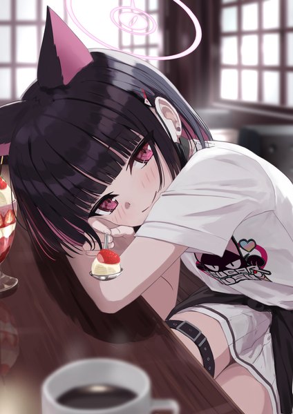 Anime picture 2894x4093 with blue archive kazusa (blue archive) kazusa (band) (blue archive) cpk prd single tall image looking at viewer blush fringe highres short hair black hair smile animal ears indoors blunt bangs pink eyes cat ears official alternate costume girl