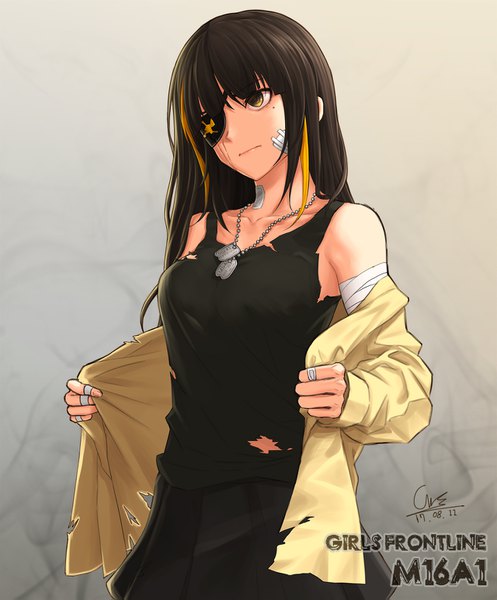Anime picture 1280x1543 with girls frontline m16a1 (girls frontline) ch-chin-chilla single long hair tall image fringe breasts black hair simple background hair between eyes standing signed yellow eyes looking away multicolored hair mole open jacket two-tone hair streaked hair