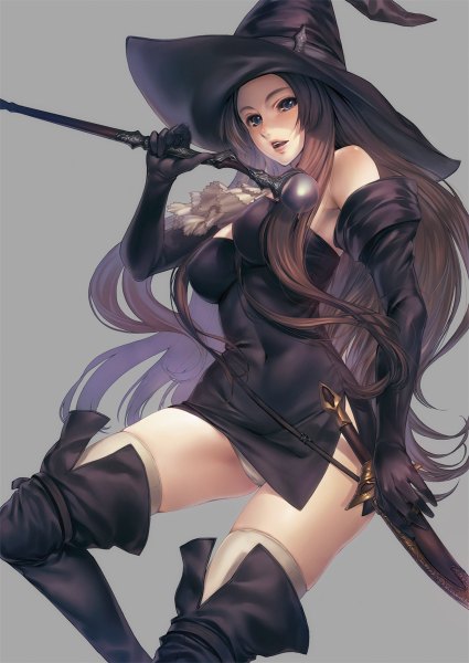 Anime picture 850x1200 with tactics ogre witch (tactics ogre) simosi single long hair tall image light erotic simple background brown hair bare shoulders bent knee (knees) grey background grey eyes girl thighhighs dress gloves weapon sword black gloves