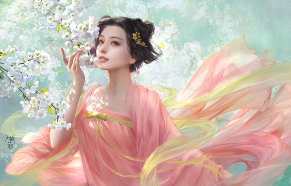 Anime picture 1252x800 with da congjun single short hair black hair smile brown eyes looking away lips shadow spring girl dress hair ornament earrings