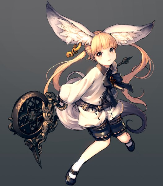Anime picture 1318x1500 with blade & soul lyn (blade & soul) junwool single long hair tall image looking at viewer blonde hair twintails brown eyes animal ears tail animal tail grey background fox ears fox tail girl earrings shoes staff