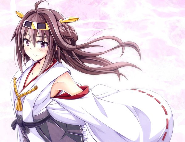 Anime picture 1600x1233 with kantai collection kongou battleship okome (minagisama) single long hair looking at viewer blush smile brown hair purple eyes ahoge traditional clothes nontraditional miko girl hair ornament detached sleeves