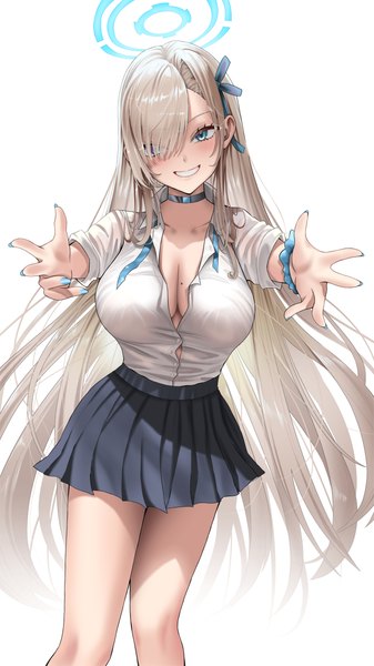 Anime picture 2160x3840 with blue archive asuna (blue archive) buko (bukosuki) single long hair tall image looking at viewer blush fringe highres breasts blue eyes light erotic simple background blonde hair smile large breasts standing white background nail polish