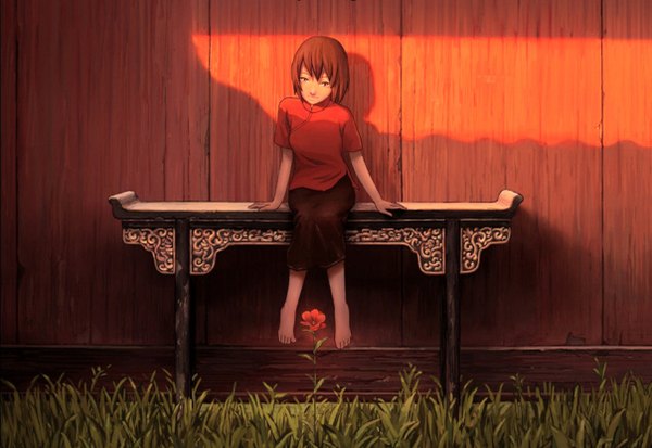 Anime picture 1208x832 with big fish and begonia chun single looking at viewer short hair brown hair sitting barefoot sunlight shadow girl flower (flowers) plant (plants) grass wall bench