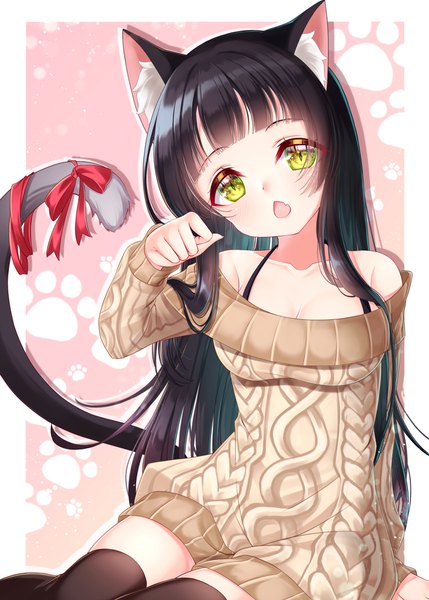 Anime picture 1430x2000 with original mirai (happy-floral) single long hair tall image looking at viewer blush fringe open mouth black hair sitting green eyes animal ears cleavage tail blunt bangs head tilt animal tail cat ears :o