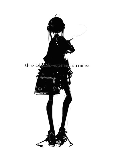 Anime picture 1163x1500 with original kiku (kicdoc) single tall image simple background white background from behind back monochrome silhouette girl pantyhose boots bag