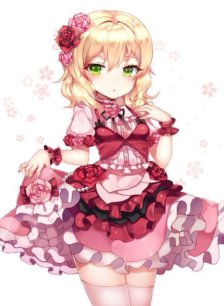 Anime picture 740x1009 with idolmaster idolmaster cinderella girls sakurai momoka papo single tall image looking at viewer blush fringe short hair blonde hair simple background hair between eyes standing white background holding green eyes hair flower short sleeves zettai ryouiki