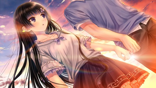 Anime picture 1280x720 with ayame no machi to ohimesama kazuharu kina long hair blush blue eyes black hair wide image game cg sky cloud (clouds) couple evening sunset girl dress boy hair ornament hairclip