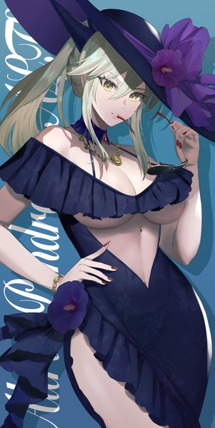 Anime picture 2636x5257 with fate (series) fate/grand order artoria pendragon (all) artoria pendragon (lancer alter) dolce (dolsuke) single long hair tall image looking at viewer fringe highres breasts light erotic simple background blonde hair hair between eyes large breasts standing holding yellow eyes