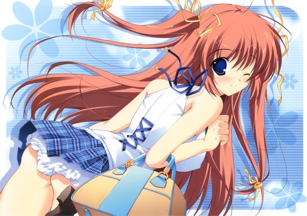 Anime picture 6000x4234 with mikeou single long hair blush highres blue eyes light erotic absurdres red hair one eye closed looking back wink girl skirt ribbon (ribbons) hair ribbon miniskirt bag vest