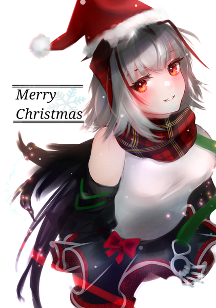 Anime picture 1080x1540 with arknights w (arknights) roki@ single tall image looking at viewer blush fringe short hair breasts simple background smile red eyes silver hair parted lips horn (horns) from above symbol-shaped pupils christmas merry christmas
