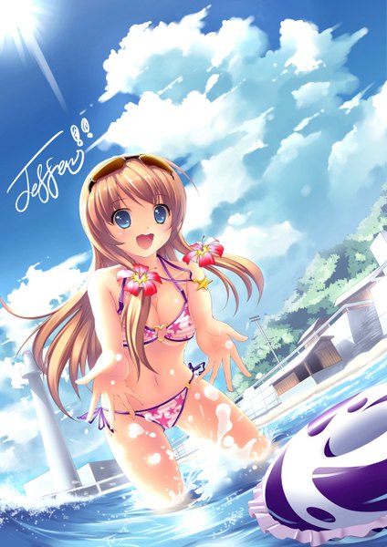 Anime picture 1000x1414 with original jeffery (backam) single long hair tall image blush open mouth blue eyes blonde hair cloud (clouds) :d hair flower star print girl navel hair ornament swimsuit bikini water star (symbol)