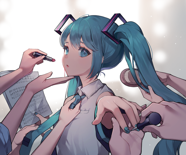 Anime picture 2868x2405 with vocaloid hatsune miku azit (down) long hair looking at viewer blush highres open mouth blue eyes simple background twintails holding payot blue hair nail polish fingernails hair brushing girl hair ornament detached sleeves