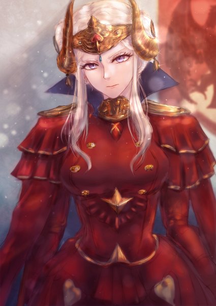 Anime picture 1450x2048 with fire emblem fire emblem: three houses nintendo edelgard von hresvelg feh xeri single tall image looking at viewer fringe short hair breasts simple background standing purple eyes payot white hair horn (horns) girl dress headdress
