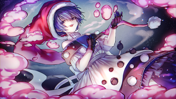 Anime picture 1920x1080 with touhou doremy sweet here (hr rz ggg) single fringe highres short hair open mouth hair between eyes wide image purple eyes bare shoulders purple hair tail :d animal tail from below girl dress gloves