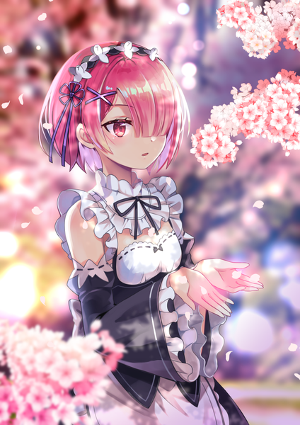 Anime picture 744x1052 with re:zero kara hajimeru isekai seikatsu white fox ram (re:zero) mongble single tall image blush fringe short hair breasts open mouth standing bare shoulders looking away pink hair cleavage pink eyes blurry hair over one eye wide sleeves