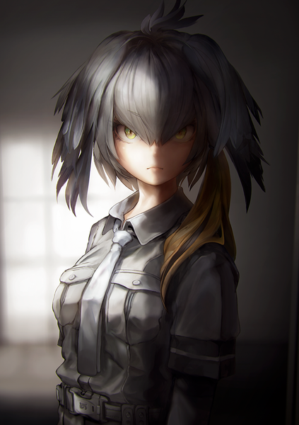 Anime picture 720x1020 with kemono friends shoebill (kemono friends) tocope single tall image looking at viewer fringe short hair simple background blonde hair hair between eyes standing green eyes upper body grey hair short sleeves shaded face low ponytail head wings frown