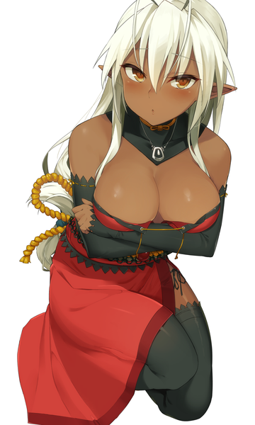Anime picture 900x1500 with full metal daemon muramasa nitroplus sandaime muramasa omochi no kimochi single long hair tall image blush fringe breasts open mouth light erotic simple background hair between eyes large breasts white background bare shoulders brown eyes silver hair ahoge