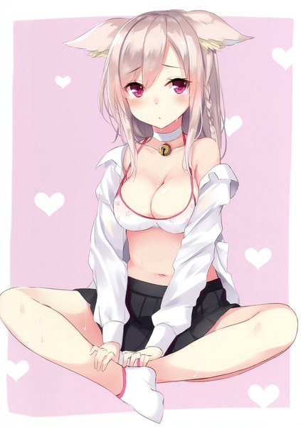 Anime picture 2388x3390 with original takehana note single long hair tall image blush highres breasts light erotic large breasts sitting animal ears silver hair full body pink eyes off shoulder open shirt no shoes border pink background