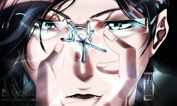 Anime picture 1980x1187 with bleach studio pierrot ishida uryuu ifragmentix highres open mouth blue eyes black hair wide image holding inscription coloring close-up face glasses