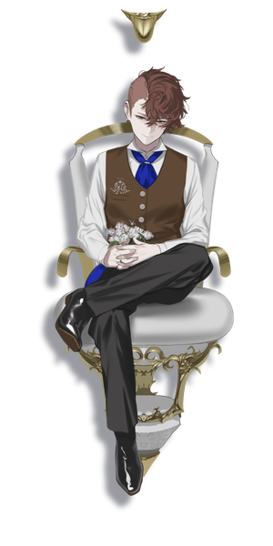 Anime picture 512x1024 with caligula biwasaka eiji oguchi (sugimoto gang) single tall image looking at viewer fringe short hair smile hair between eyes brown hair sitting brown eyes full body bent knee (knees) official art crossed legs piercing ear piercing transparent background