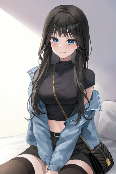 Anime picture 2000x3000 with original ttusee5 single long hair tall image looking at viewer blush fringe highres breasts blue eyes black hair sitting blunt bangs long sleeves light smile off shoulder open jacket midriff between thighs