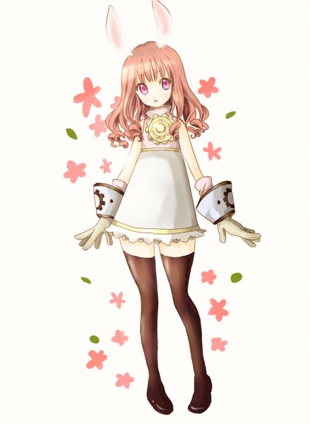 Anime picture 1024x1400 with tera online liruty (artist) single long hair tall image brown hair white background animal ears pink eyes girl thighhighs gloves black thighhighs