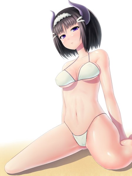 Anime picture 1000x1333 with original c-low single tall image short hair light erotic black hair purple eyes horn (horns) girl navel swimsuit bikini hairband