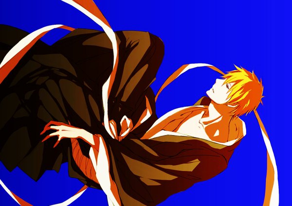 Anime picture 1413x1000 with bleach studio pierrot kurosaki ichigo koori ichi single short hair open mouth simple background brown eyes traditional clothes japanese clothes from above orange hair blue background boy