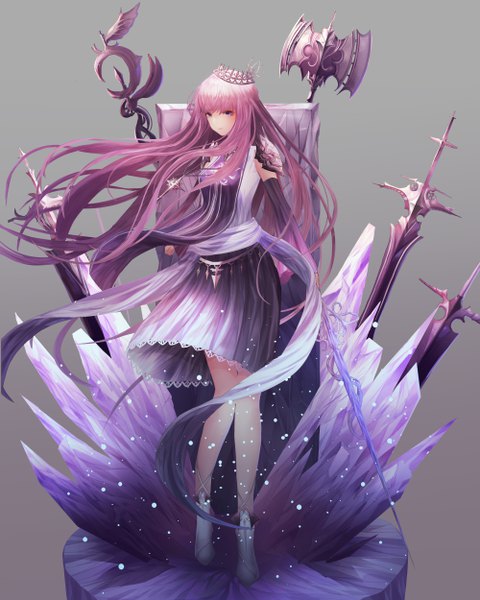 Anime picture 4000x5000 with original momingie single long hair tall image fringe highres simple background purple eyes looking away pink hair absurdres full body grey background girl dress weapon sword pendant crown