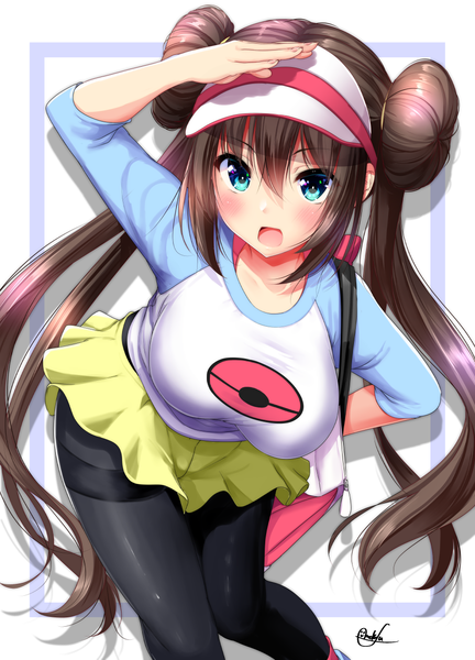 Anime picture 926x1286 with pokemon pokemon (game) pokemon black and white nintendo rosa (pokemon) mokufuu single long hair tall image looking at viewer blush fringe breasts open mouth blue eyes simple background hair between eyes brown hair standing white background