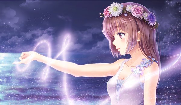 Anime picture 1600x930 with original alc (ex2 lv) single long hair blush open mouth brown hair wide image brown eyes looking away cloud (clouds) profile night tears outstretched arm magic girl dress flower (flowers) water