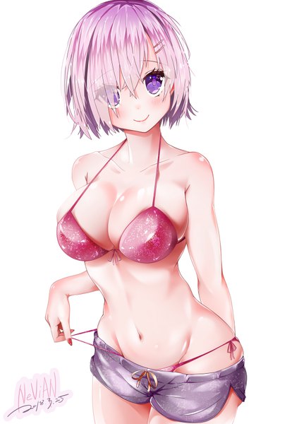 Anime picture 4961x7016 with fate (series) fate/grand order mash kyrielight nevian single tall image looking at viewer blush fringe highres short hair breasts light erotic simple background smile large breasts standing white background purple eyes bare shoulders