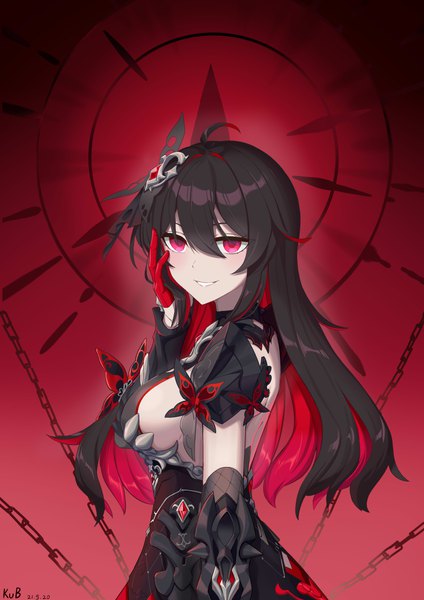 Anime picture 2894x4093 with honkai impact 3rd honkai (series) seele vollerei seele vollerei (starchasm nyx) hfp kubiao single long hair tall image fringe highres breasts light erotic black hair smile hair between eyes looking away upper body red hair pink eyes multicolored hair
