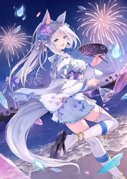 Anime picture 752x1062 with original fuuro (johnsonwade) single long hair tall image looking at viewer blush fringe breasts open mouth blue eyes smile standing holding animal ears silver hair bent knee (knees) outdoors tail traditional clothes