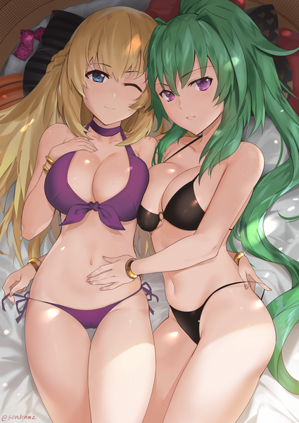 Anime picture 1418x2000 with choujigen game neptune vert green heart sendrawz long hair tall image looking at viewer blush fringe breasts blue eyes light erotic blonde hair hair between eyes large breasts purple eyes bare shoulders multiple girls signed payot