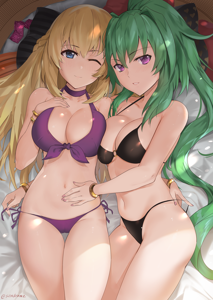 Anime-Bild 1418x2000 mit choujigen game neptune vert green heart sendrawz long hair tall image looking at viewer blush fringe breasts blue eyes light erotic blonde hair hair between eyes large breasts purple eyes bare shoulders multiple girls signed payot