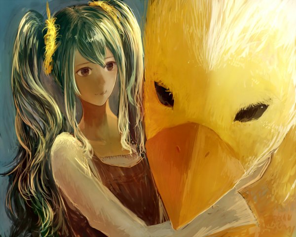 Anime picture 1200x960 with vocaloid hatsune miku bounin single long hair blush simple background smile twintails green hair black eyes girl hair ornament animal bird (birds) duck
