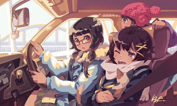 Anime picture 1095x658 with original bf. (sogogiching) fringe short hair open mouth brown hair wide image twintails multiple girls holding grey eyes car interior girl skirt hair ornament hat glasses jacket scarf 3 girls