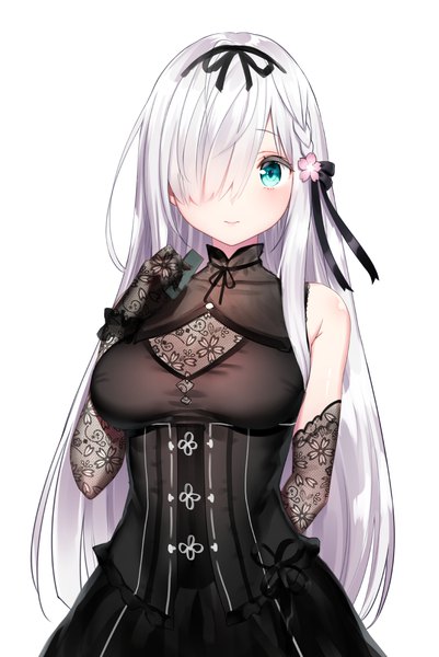 Anime picture 796x1191 with virtual youtuber plivyou kamiki kinu yasuyuki single long hair tall image looking at viewer blush fringe breasts simple background smile standing white background silver hair braid (braids) hair flower aqua eyes hair over one eye