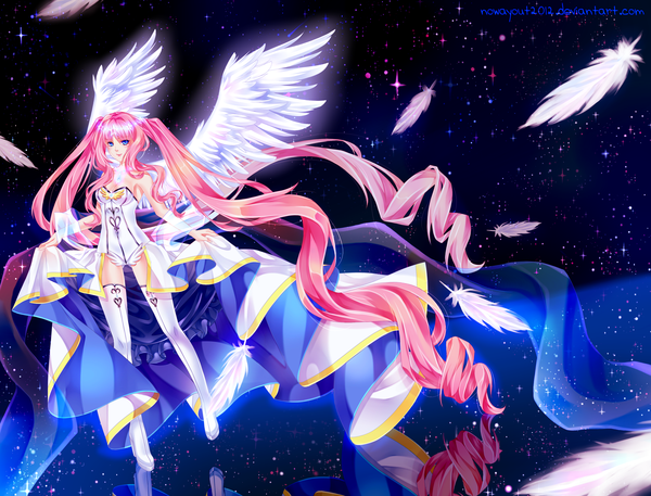 Anime picture 3700x2823 with original divinity onyx (original) tonowa (nowayout2012) single highres blue eyes light erotic smile twintails pink hair absurdres very long hair lips drill hair reflection angel wings space girl dress wings