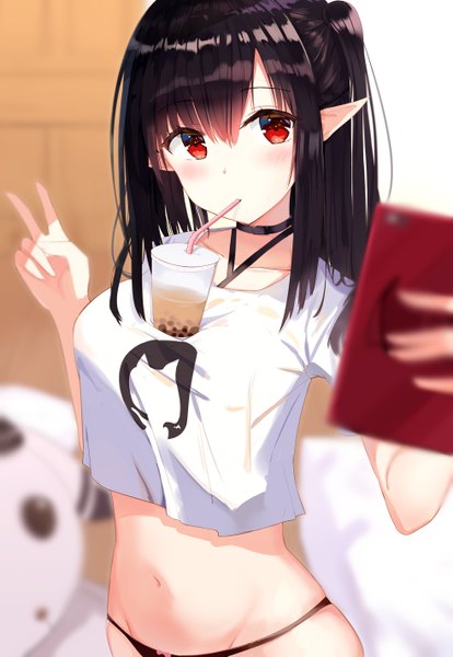 Anime picture 982x1421 with arknights closure (arknights) zhiyou ruozhe single long hair tall image looking at viewer blush fringe breasts light erotic black hair hair between eyes red eyes large breasts standing payot indoors pointy ears blurry