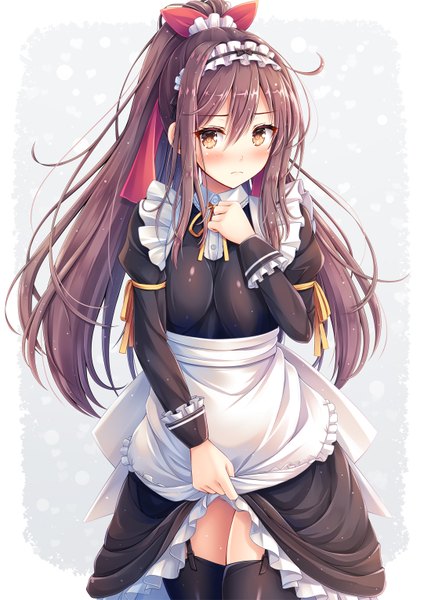Anime picture 1100x1530 with original akashio (loli ace) single long hair tall image looking at viewer blush fringe light erotic simple background hair between eyes brown hair standing yellow eyes payot ponytail long sleeves maid border dress lift