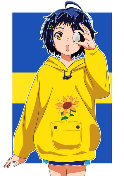 Anime picture 1627x2300 with wonder egg priority cloverworks ooto ai riokasen single tall image looking at viewer short hair open mouth standing holding yellow eyes blue hair ahoge :o floral print border outside border girl hairclip