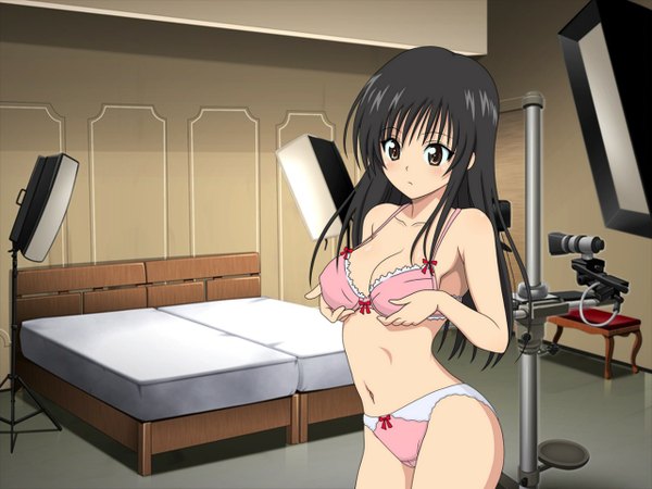 Anime picture 1280x960 with toloveru xebec kotegawa yui blush light erotic black hair underwear only hand on chest navel underwear panties lingerie bra bed pink panties pink bra camera