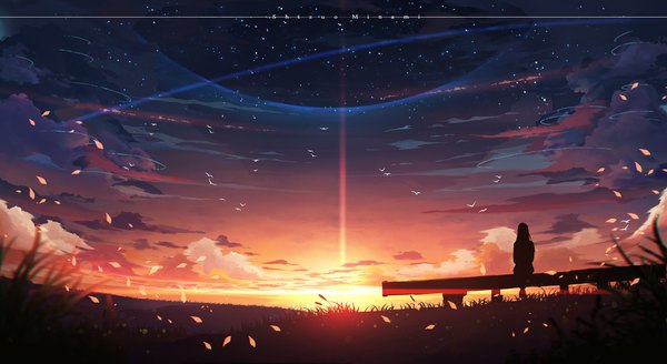 Anime picture 1920x1050 with original shizuo minami single highres wide image sitting signed sky cloud (clouds) from behind night night sky evening sunset landscape silhouette girl animal bird (birds) star (stars)