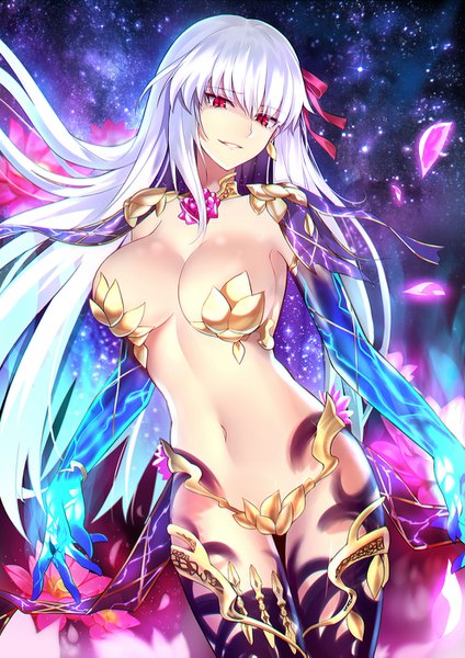 Anime picture 992x1403 with fate (series) fate/grand order kama (fate) shiguru single long hair tall image looking at viewer fringe breasts light erotic smile hair between eyes red eyes large breasts standing payot white hair head tilt night