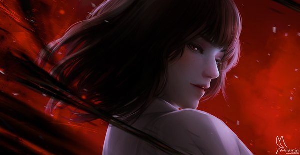 Anime picture 1920x998 with original alqmia single looking at viewer fringe highres short hair brown hair wide image signed blunt bangs parted lips profile looking back realistic red background freckles girl